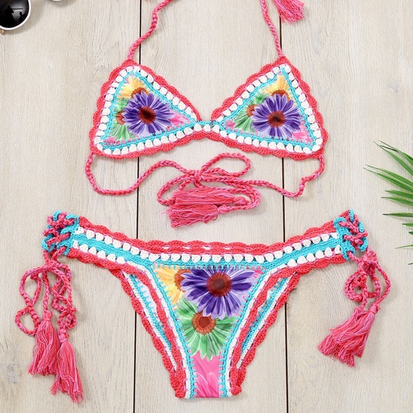 Last 1Hippie Hooray Boho Floral Crochet Bikini - Picture 3 of 7